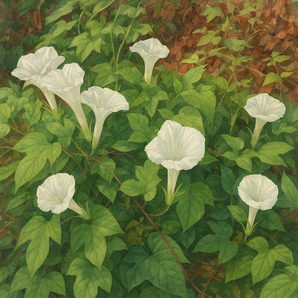 白いアサガオの群生を描いたボタニカルイラスト｜緑の葉と秋色の背景に映える朝顔の花