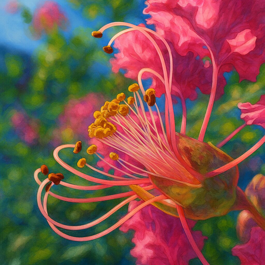 サルスベリの花を細密に描いたプロ仕様イラスト、ピンクの花弁と黄金色の雄しべを強調した夏の植物アート