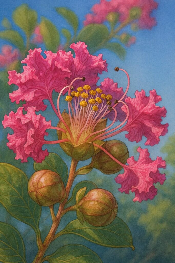 サルスベリの花を精密に描いたプロ仕様イラスト、ピンクの花弁と蕾、黄色い雄しべを詳細に表現した植物画