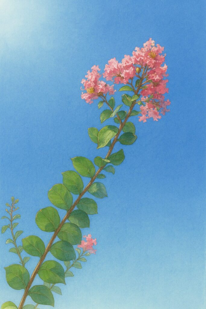 青空を背景に描かれたサルスベリの枝、ピンクの花房と緑の葉をリアルに表現した植物イラスト