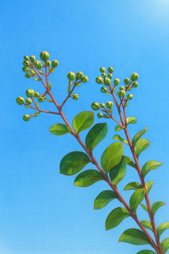 サルスベリの枝を描いた精密植物イラスト、緑の蕾と光沢のある葉を青空背景で表現したボタニカルアート