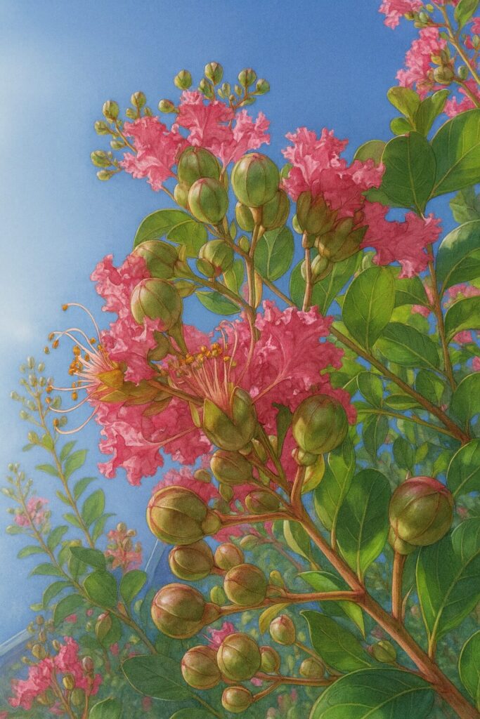 サルスベリの枝を描いた精密植物イラスト、ピンクの花と緑の蕾を青空背景で表現したボタニカルアート