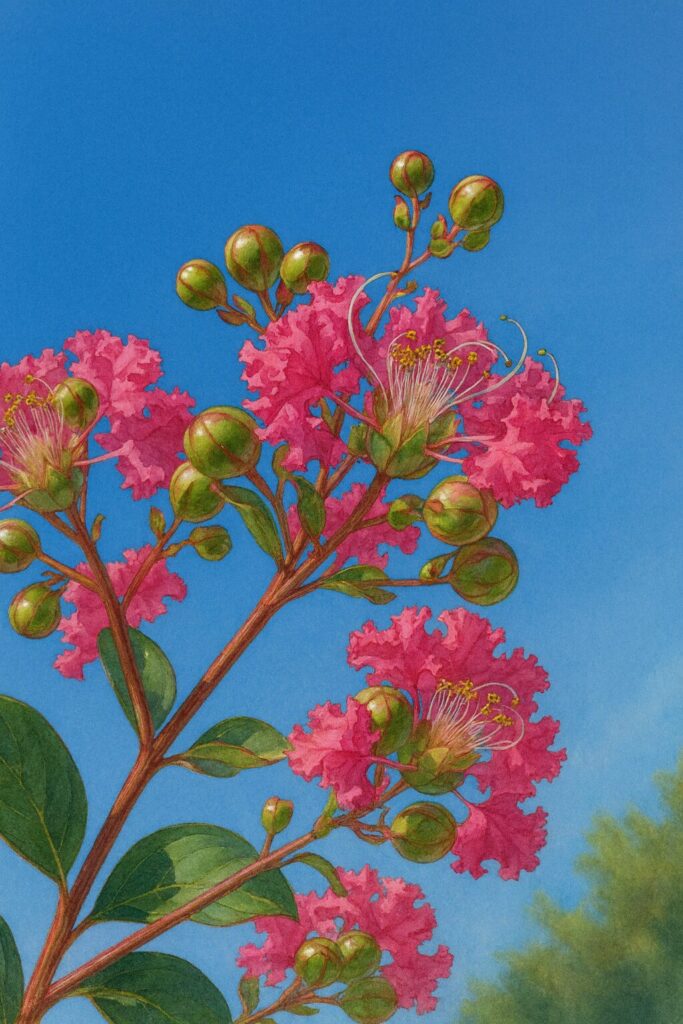 サルスベリの花を描いた精密植物イラスト、ピンクの花弁と緑の蕾を青空背景で表現したボタニカルアート