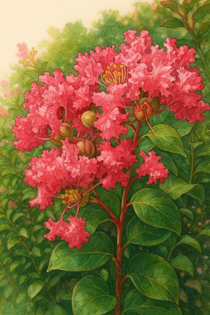 サルスベリの花房を描いた精密植物イラスト、ピンクの花弁と蕾を緑の葉と共に表現したボタニカルアート