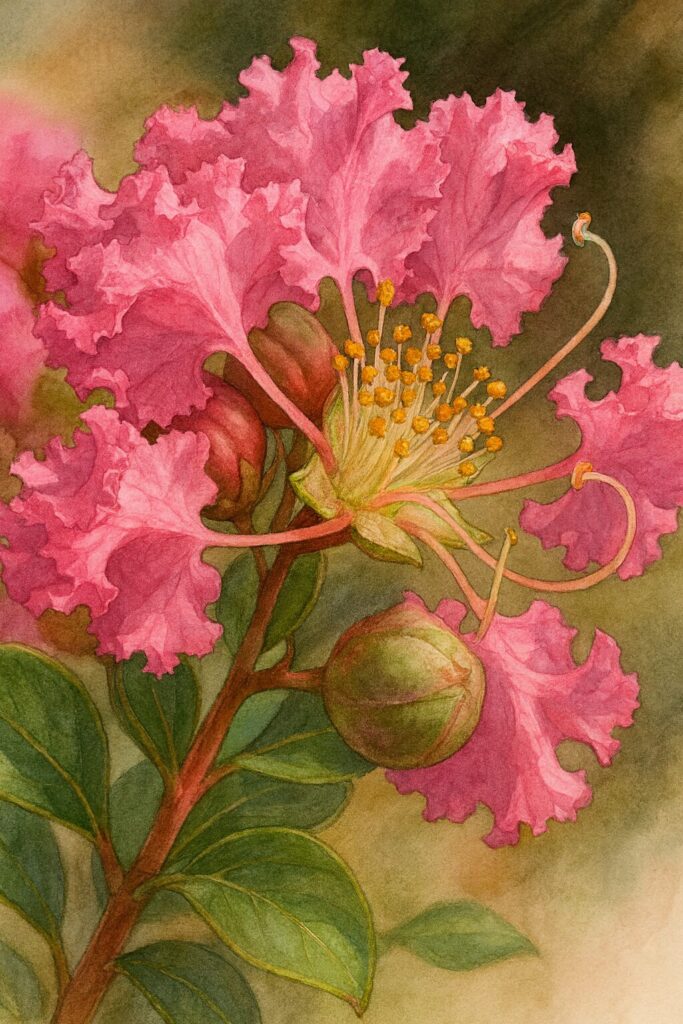 サルスベリの花を精密に描いた植物イラスト、ピンクの花弁と黄色い雄しべを細部まで表現したボタニカルアート