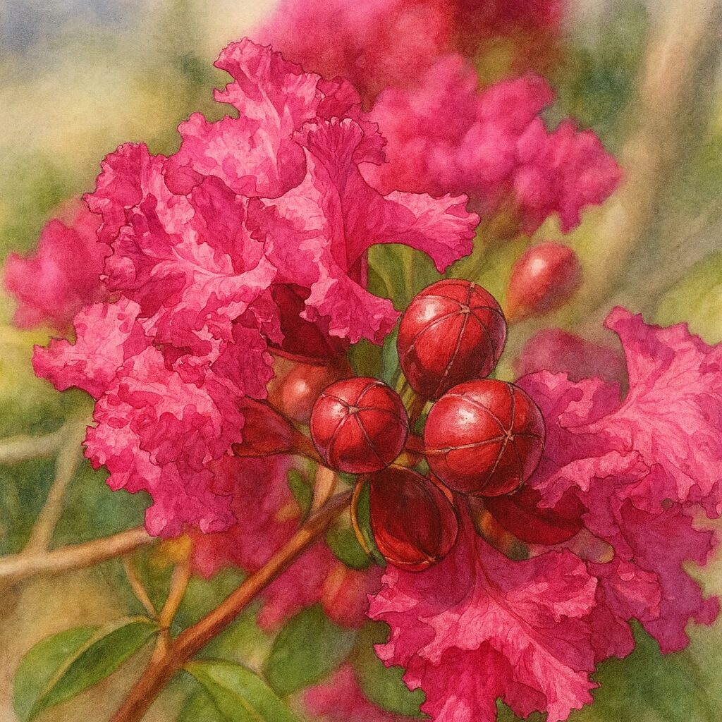 サルスベリの花と赤い蕾を描いた精密植物イラスト、ピンクの花弁と光沢のある蕾をリアルに表現したボタニカルアート