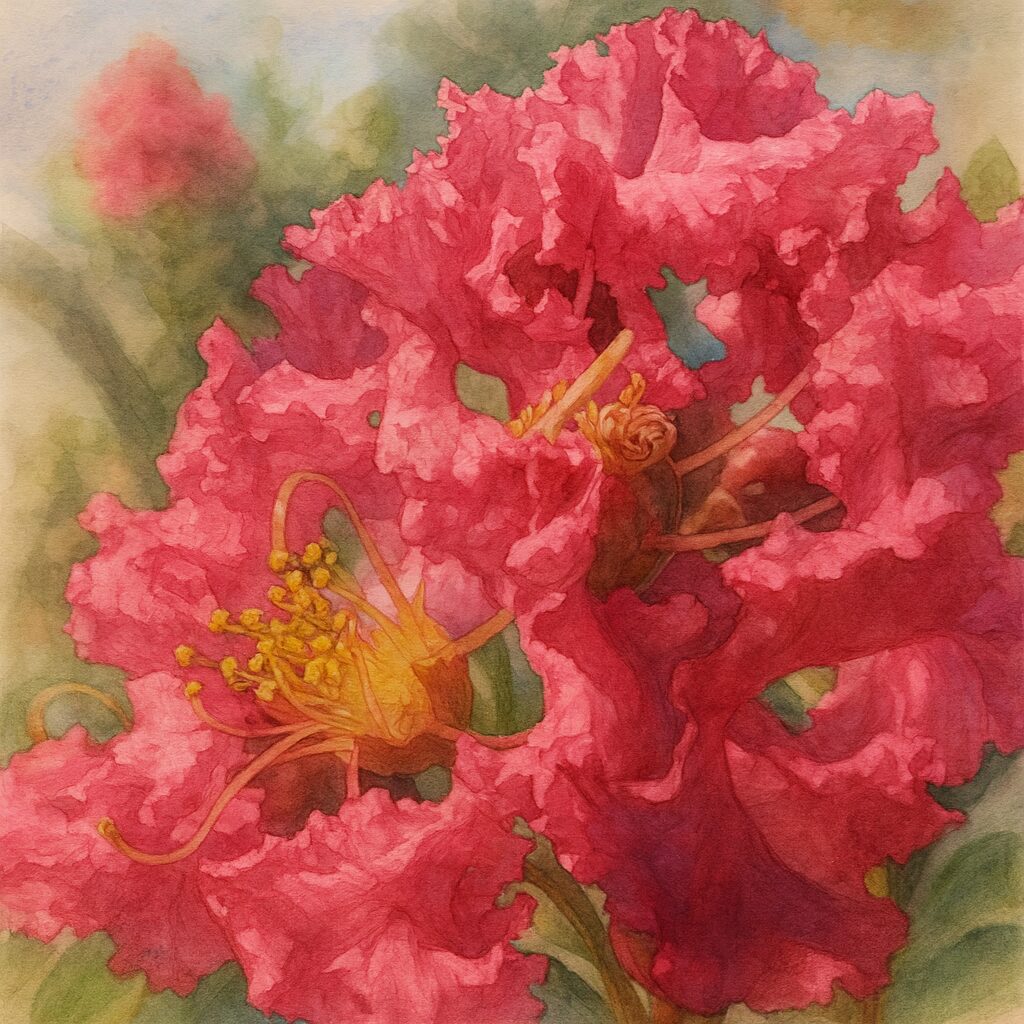 サルスベリの花を精密に描いた植物イラスト、ピンクの花弁と黄色い雄しべをリアルに表現したボタニカルアート