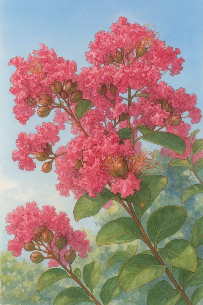 サルスベリの花房を描いた精密植物イラスト、ピンクの花弁と蕾を青空背景でリアルに表現したボタニカルアート