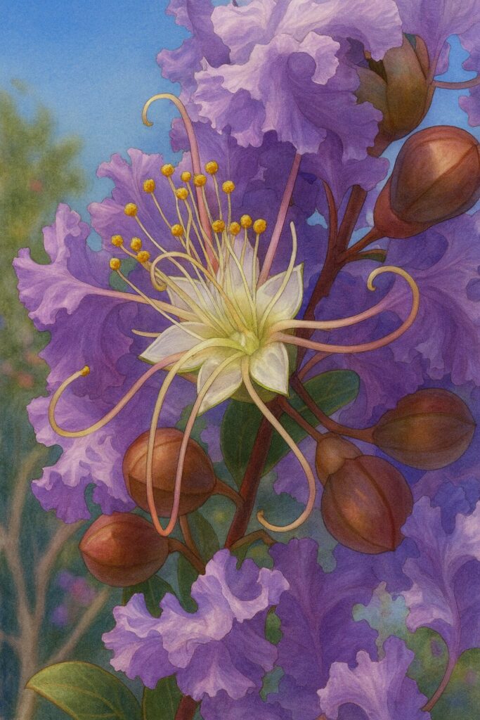 サルスベリの紫色の花を精密に描いた植物イラスト、黄色い雄しべと花糸を細部まで表現したボタニカルアート