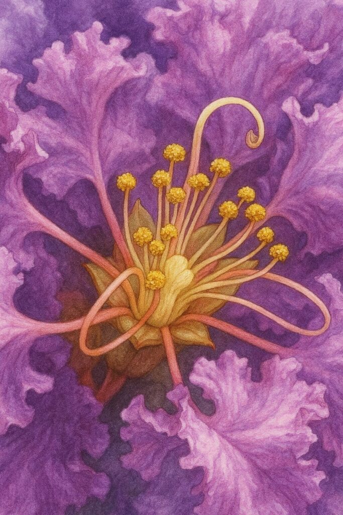 サルスベリの紫色の花を精密に描いた植物イラスト、黄色い雄しべと花糸を細部まで表現したボタニカルアート