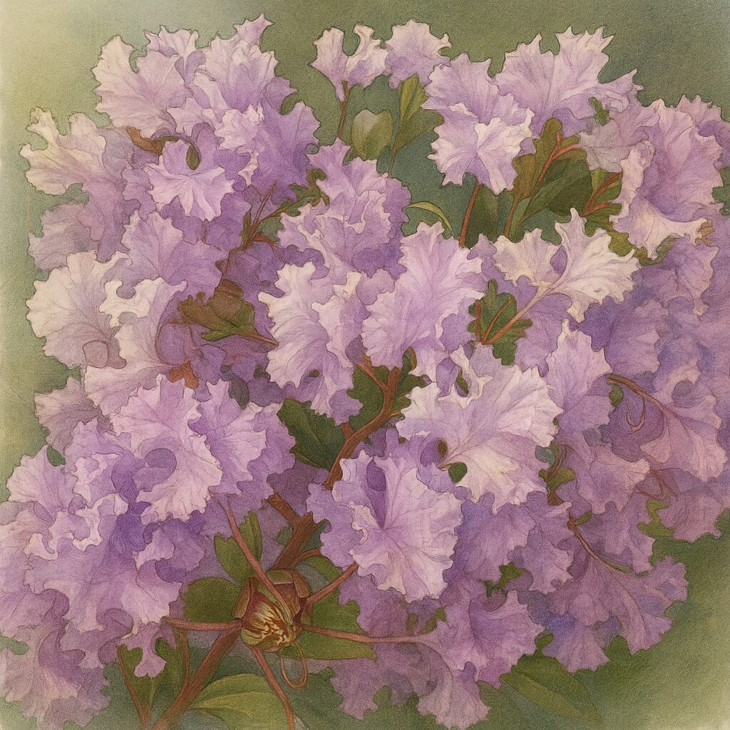 サルスベリの淡紫色の花房を描いた精密植物イラスト、フリル状の花弁をリアルに表現したボタニカルアート