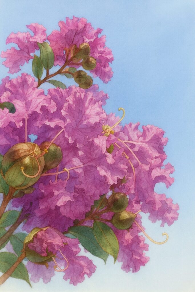 サルスベリの花房を描いた精密植物イラスト、ピンクの花弁と蕾を青空背景でリアルに表現したボタニカルアート