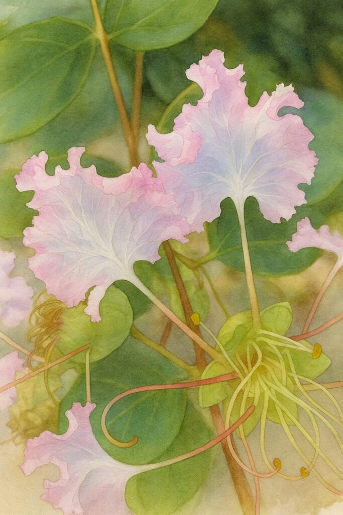 サルスベリの淡いピンク色の花を描いた精密植物イラスト、透けるような花弁と緑の萼をリアルに表現したボタニカルアート