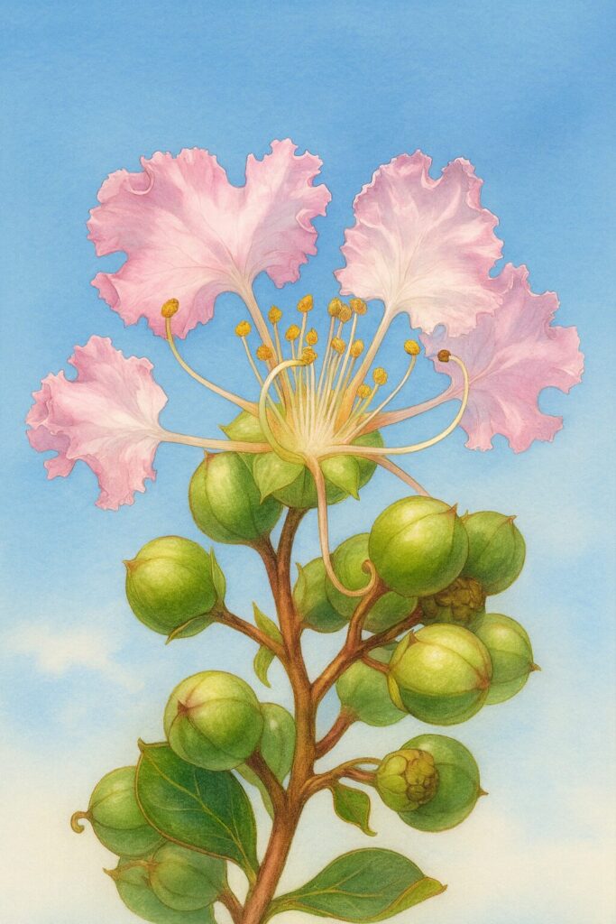 サルスベリの花と蕾を描いた精密植物イラスト、淡いピンクの花弁と黄色い雄しべを青空背景で表現したボタニカルアート