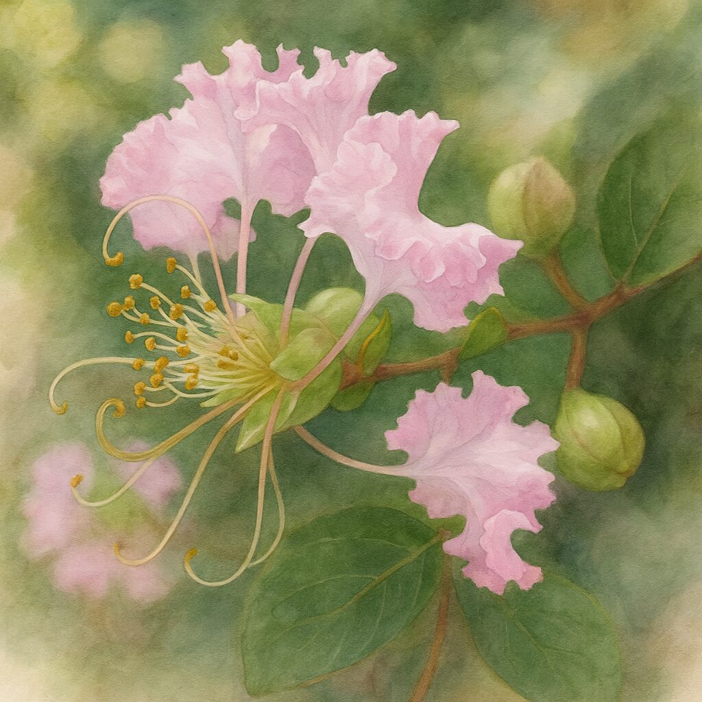 サルスベリの淡いピンクの花を描いた精密植物イラスト、雄しべと蕾を柔らかい背景に表現したボタニカルアート