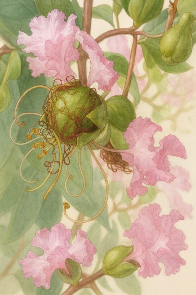 サルスベリの花と実を描いた精密植物イラスト、淡いピンクの花弁と緑の萼をリアルに表現したボタニカルアート