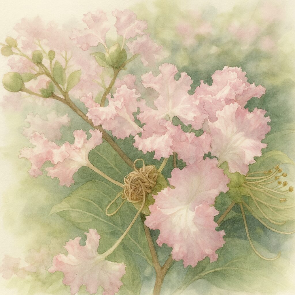 サルスベリの淡いピンクの花房を描いた精密植物イラスト、雄しべと蕾を柔らかいタッチで表現したボタニカルアート