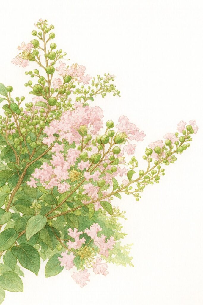 サルスベリの淡いピンクの花房を描いた精密植物イラスト、青空を背景に蕾と葉を繊細に表現したボタニカルアート