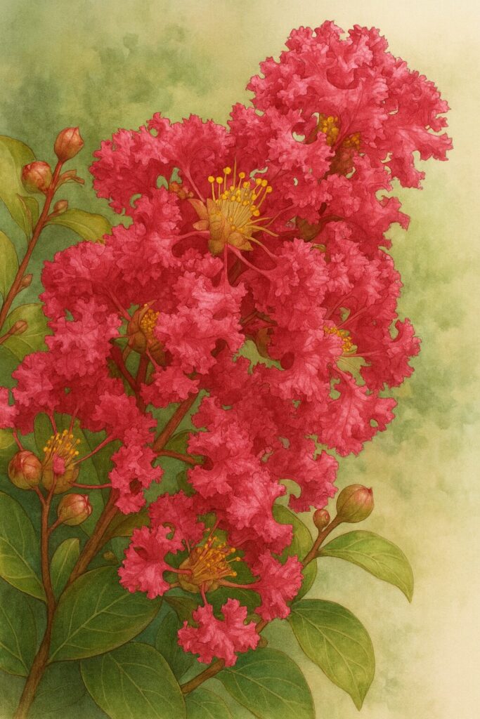 濃いピンク色のサルスベリの花房を描いた精密植物イラスト、黄色い雄しべと縮れた花弁を丁寧に表現したボタニカルアート