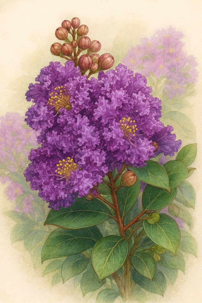 紫色のサルスベリの花房を描いた精密植物イラスト、黄色い雄しべと縮れた花弁をリアルに表現したボタニカルアート