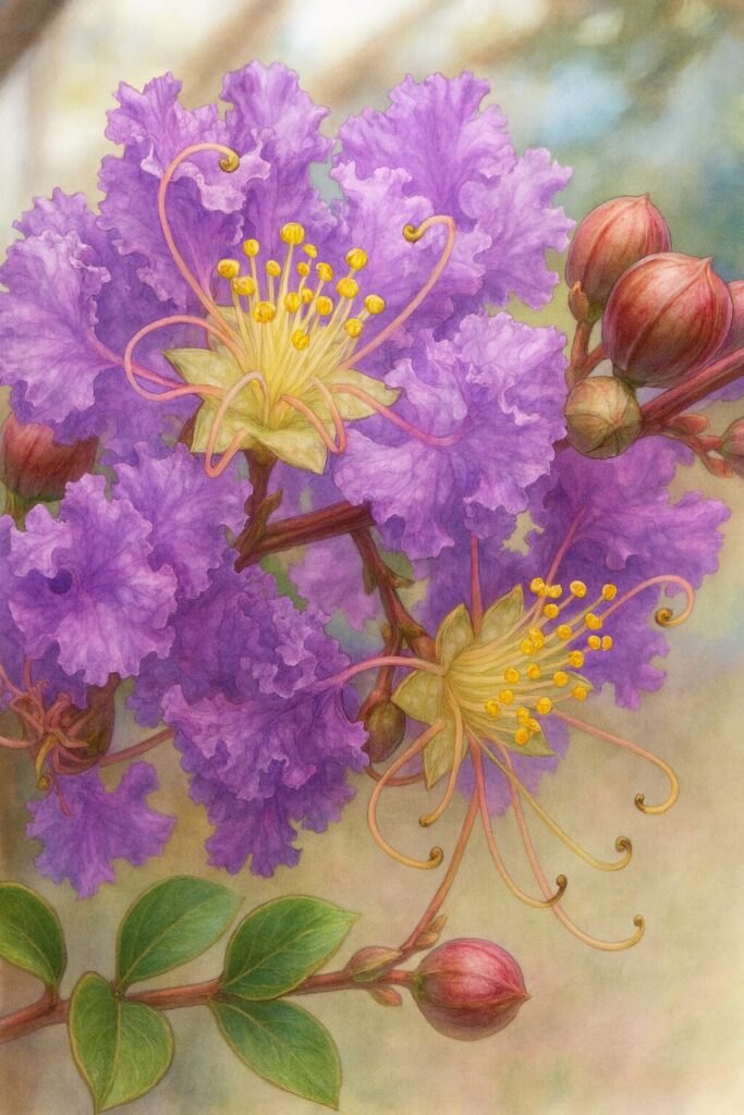 紫色のサルスベリの花を描いた精密植物イラスト、黄色い雄しべと縮れた花弁、赤いつぼみを細部まで描写したボタニカルアート