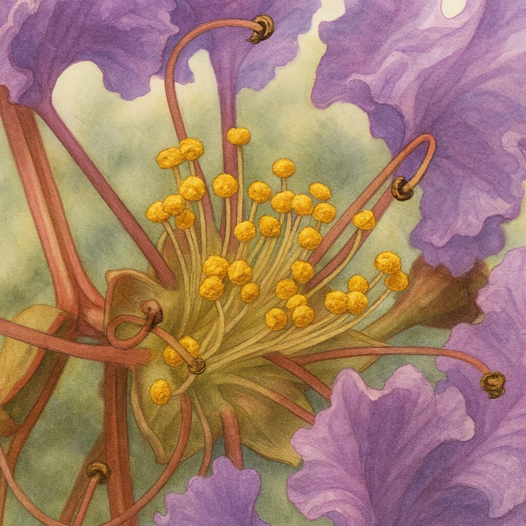 夏のサルスベリの紫色の花を描いたボタニカルイラスト、黄色い雄しべと花弁の質感を細密に表現