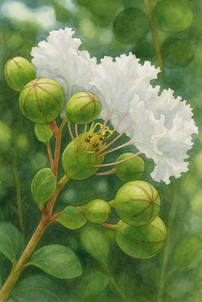 白いサルスベリの花と丸い緑色の蕾を描いた高品質イラスト、夏の日本庭園の雰囲気を表現