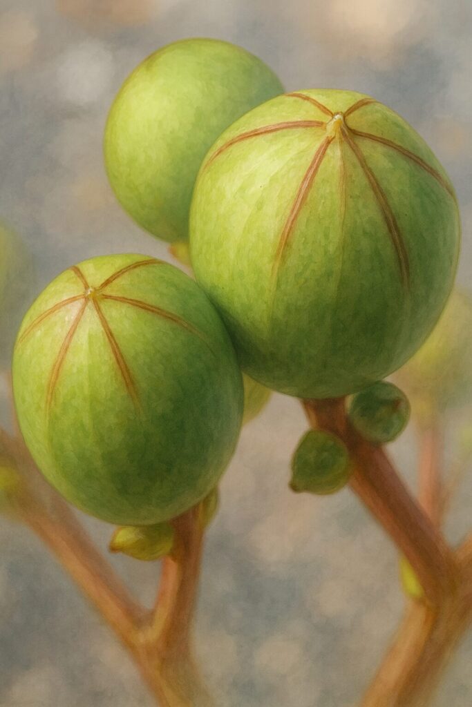 サルスベリの緑色の蕾をリアルに描いた高品質イラスト、赤い筋模様と丸みのある質感を細密に表現