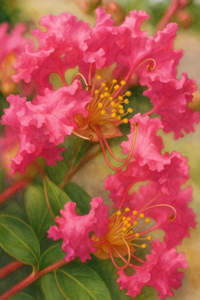 ピンクのサルスベリの花を描いた高品質イラスト、黄色い雄しべと縮れた花びらをリアルに表現した植物画