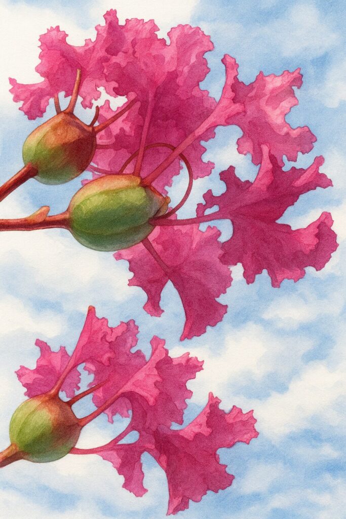 青空を背景に描かれたピンクのサルスベリの花の高品質イラスト、蕾と縮れた花びらを繊細に表現