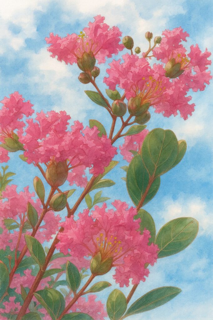 青空を背景に描かれたピンクのサルスベリの花の高品質イラスト、鮮やかな花びらと葉をリアルに表現