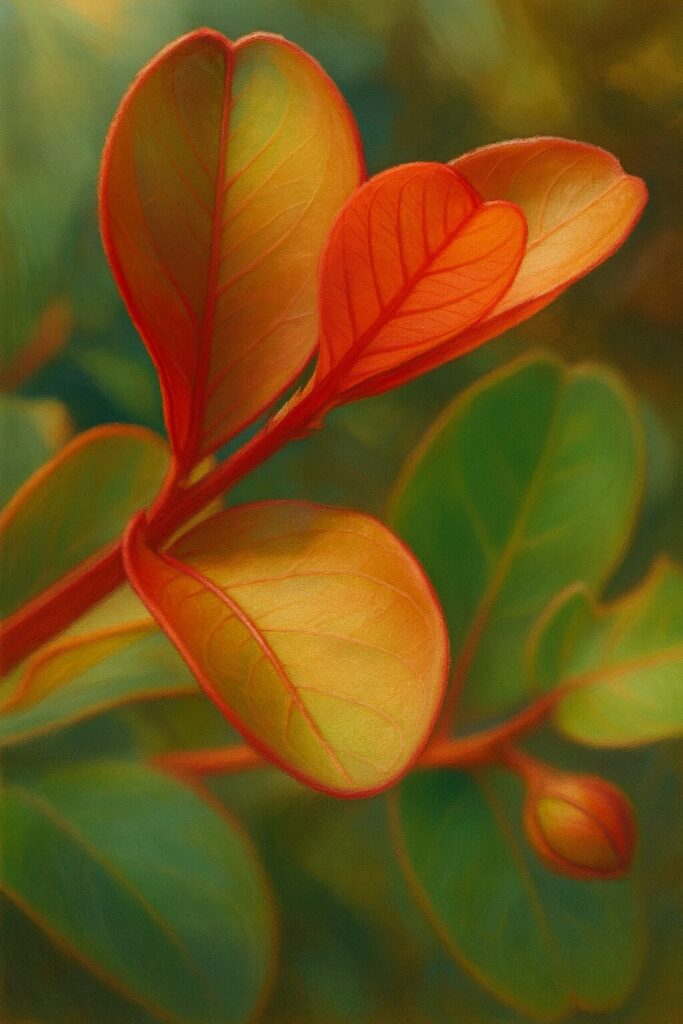 サルスベリの新芽を描いた高品質イラスト、赤い茎とオレンジがかった若葉をリアルに表現