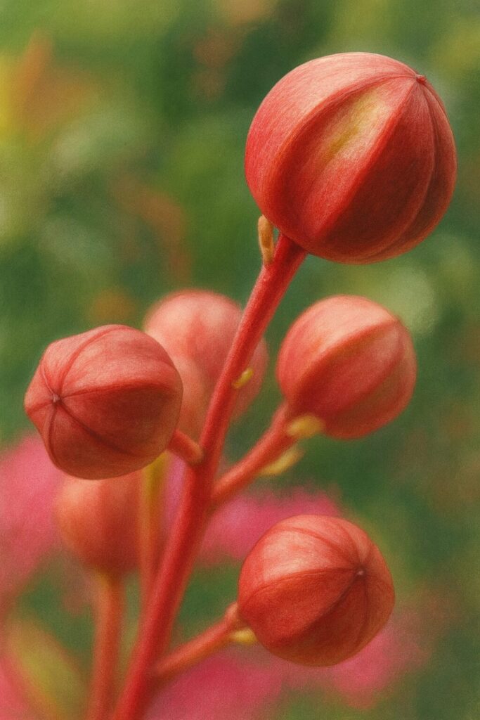 赤いサルスベリの蕾を描いた高品質イラスト、丸い蕾と茎の質感をリアルに表現