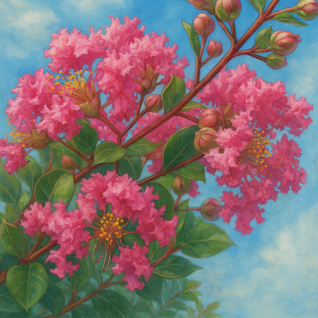 満開のピンクのサルスベリを描いた高品質イラスト、鮮やかな花びらと蕾、緑の葉を青空背景でリアルに表現