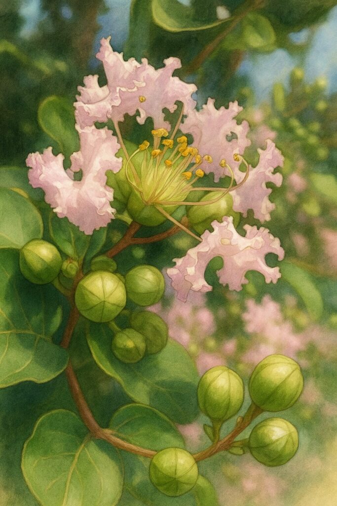 淡いピンクのサルスベリの花と未開花の緑の蕾を描いた高品質イラスト、黄色い雄しべと花びらの質感を繊細に表現