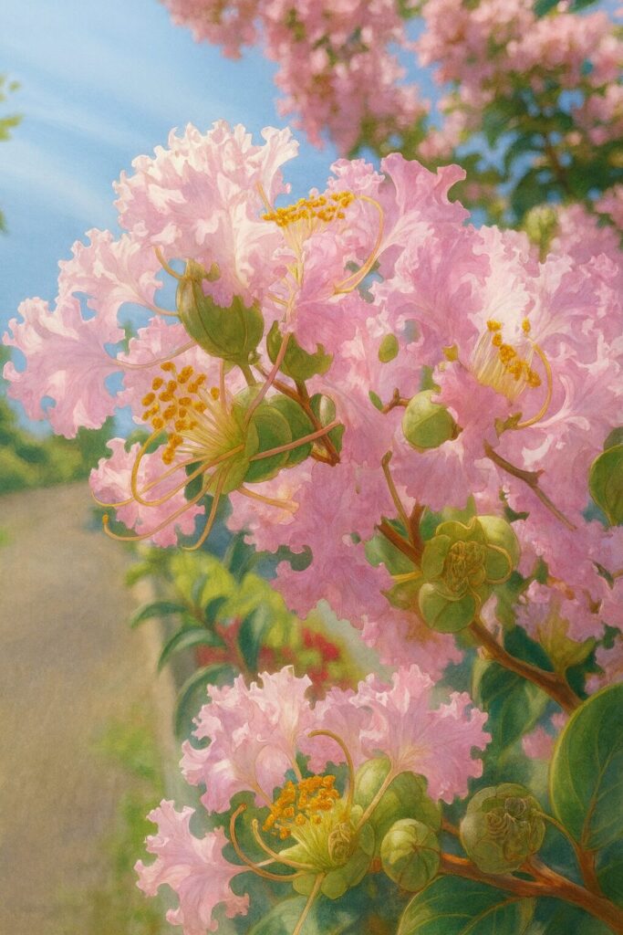 淡いピンクのサルスベリの花を描いた高品質イラスト、青空と枝先に広がる花びらを繊細に表現した植物画