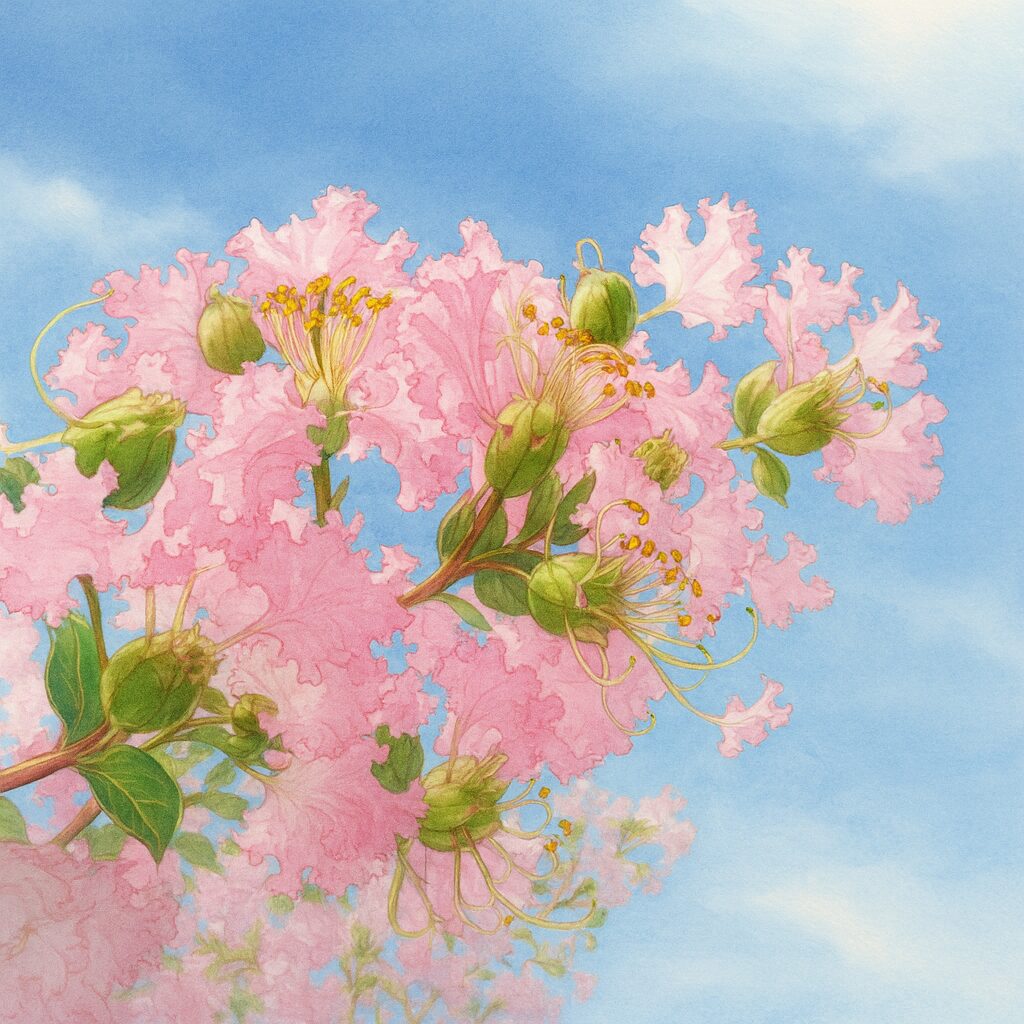 青空を背景に描かれた淡いピンクのサルスベリの花の高品質イラスト、花びらと雄しべを繊細に表現した植物画