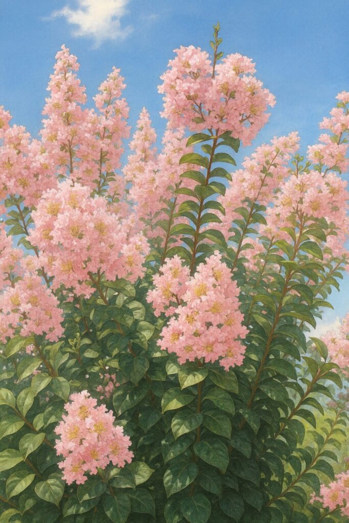 満開のピンクのサルスベリを描いた高品質イラスト、青空を背景に枝先まで花を繊細に表現した植物画