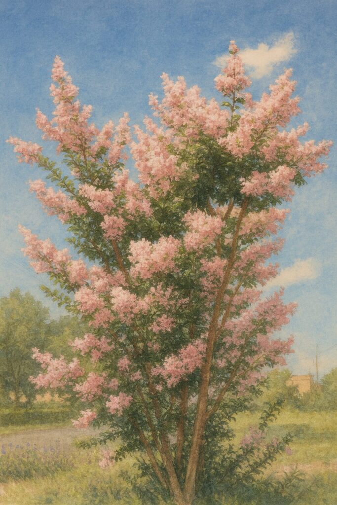 満開のピンクのサルスベリの木を描いた高品質イラスト、青空を背景に樹形と花を繊細に表現した植物画