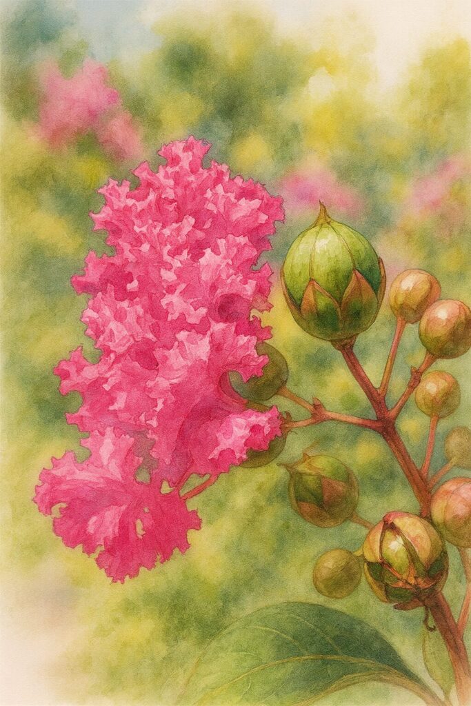 ピンクのサルスベリの花と緑の蕾を描いた高品質イラスト、繊細な花びらと丸い蕾をリアルに表現