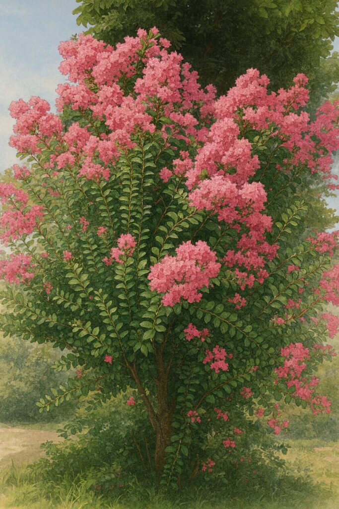 満開のサルスベリの木を描いた高品質イラスト、鮮やかなピンクの花房と緑の葉をリアルに表現した植物画