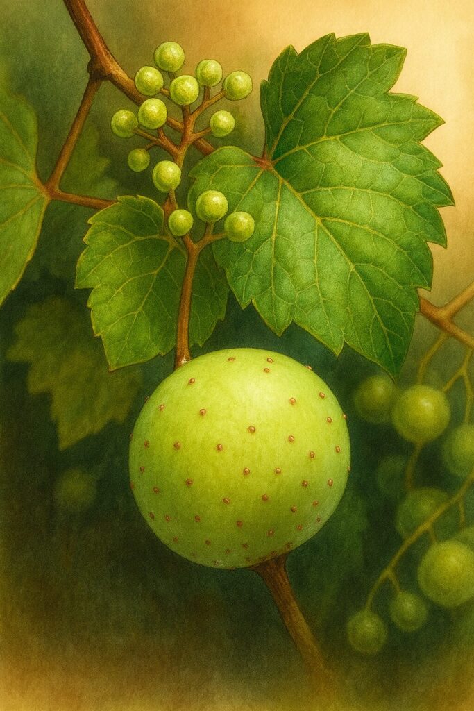 日本の野ぶどう（ノブドウ）の果実と葉を描いたリアルな植物イラスト。緑の未熟な実と繊細な葉脈が強調されている