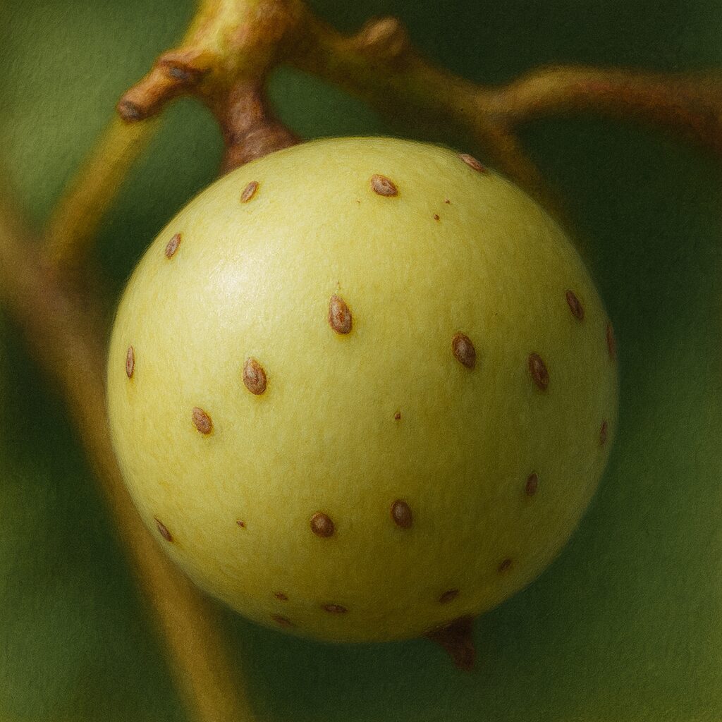 日本の野ぶどう（ノブドウ）の未熟な果実を描いたリアルな植物イラスト。黄緑色の果実と褐色の小斑点が精緻に表現されている