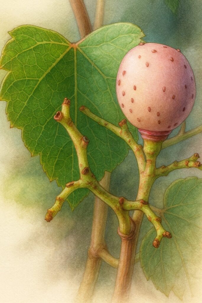 日本の野ぶどう（ノブドウ）の果実と葉を描いた植物イラスト。淡い紫色に色づいた実と繊細に描写された緑の葉が印象的