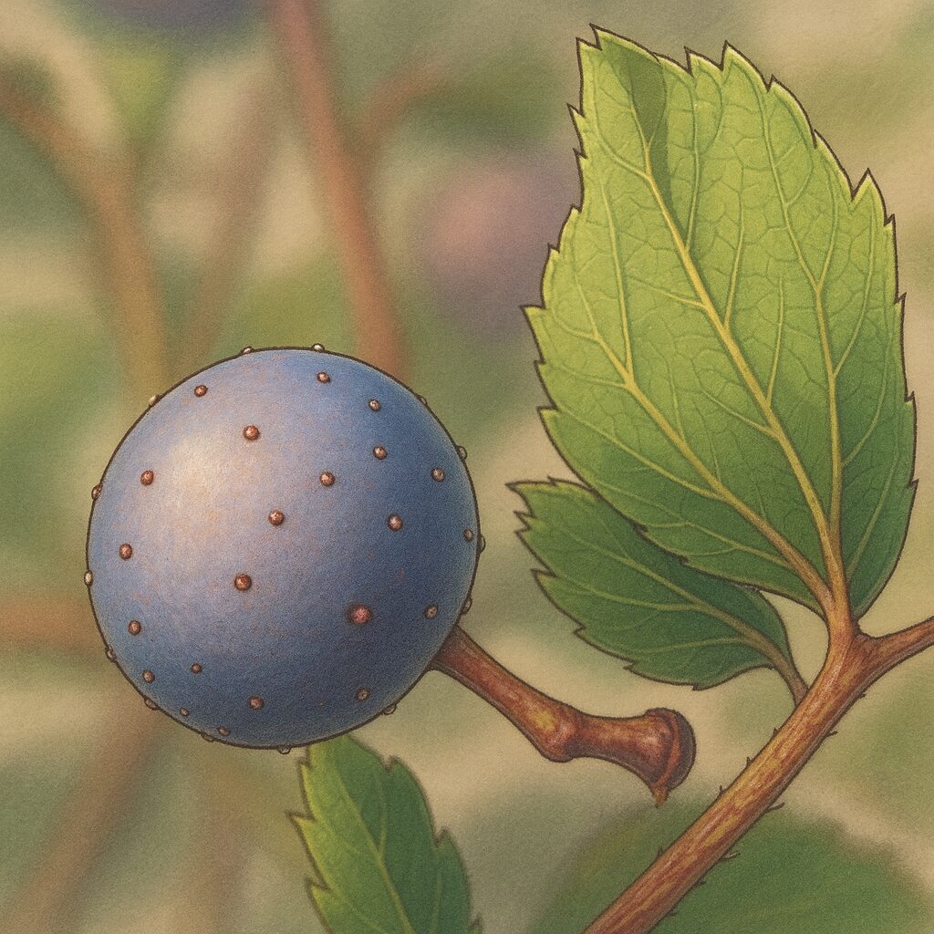 ノブドウの実のボタニカルイラスト｜青紫色の果実と緑の葉