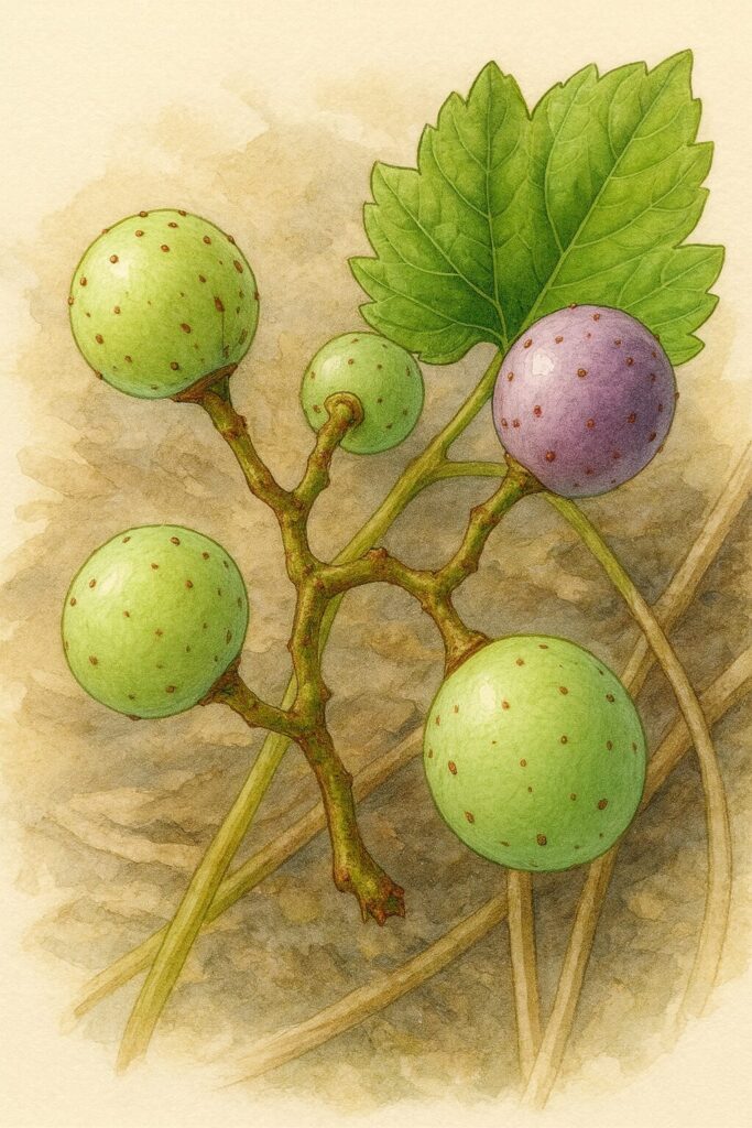 ノブドウの実のボタニカルイラスト｜緑から紫に熟す果実と枝