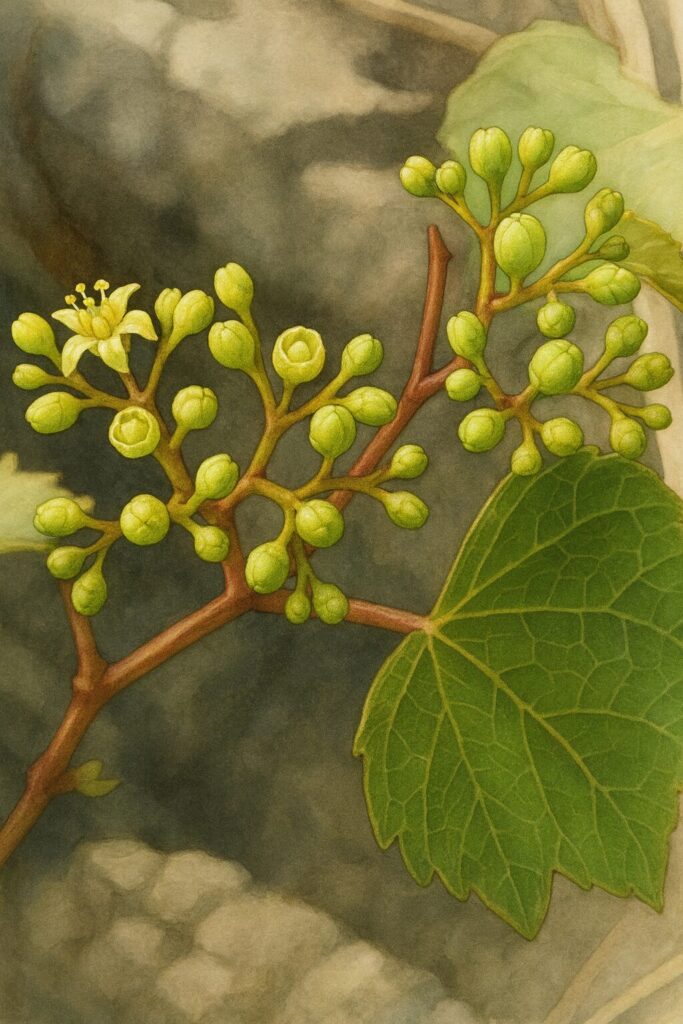 ノブドウの若い花芽とつぼみのボタニカルイラスト｜緑色のつぼみと葉