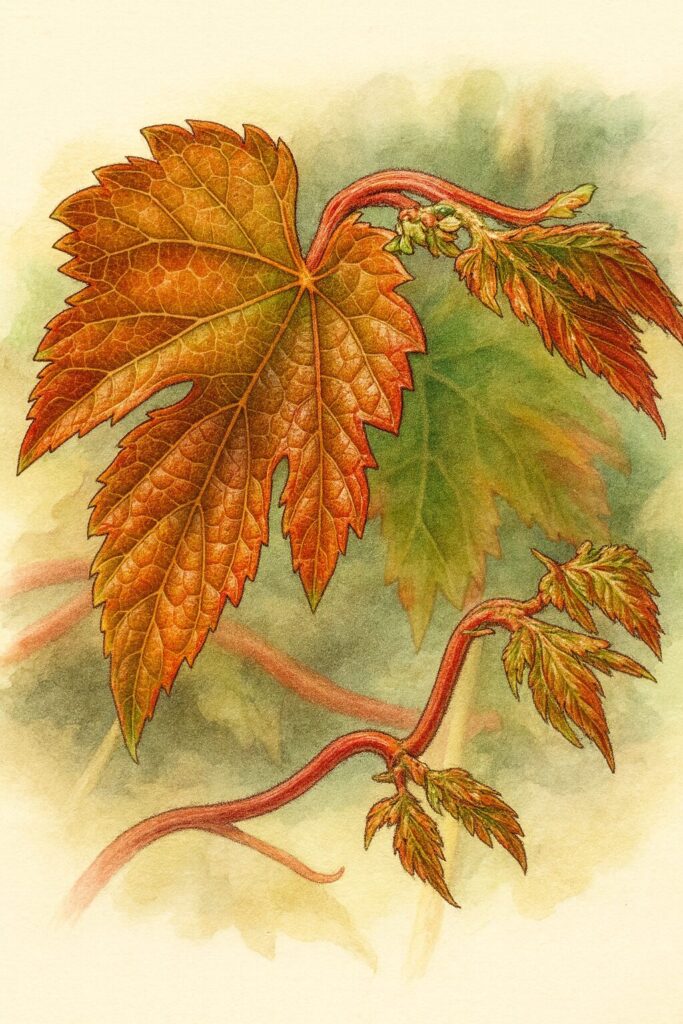 ノブドウの若葉のボタニカルイラスト｜赤褐色に芽吹く新葉と茎