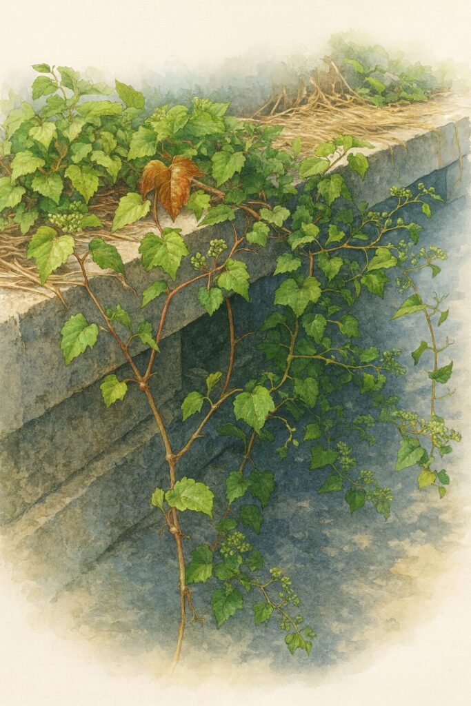 ノブドウのつる植物のボタニカルイラスト｜石垣に広がる葉と果実