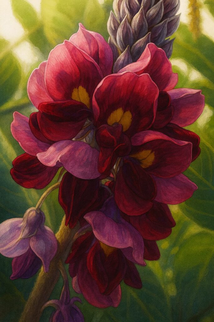 クズの赤紫色の花を描いたリアルなボタニカルイラスト｜黄色の斑点と花序を持つ夏の日本の蔓植物